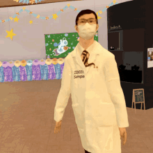 a man in a lab coat with zd031 sample embroidered on it