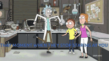 a cartoon of rick and morty with the words that moment when they stop staring at you at the bottom