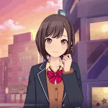 a girl in a school uniform is standing in front of a building that has a sign that says ' aoyama ' on it