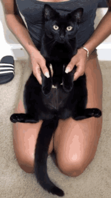 a woman is kneeling down and holding a black cat
