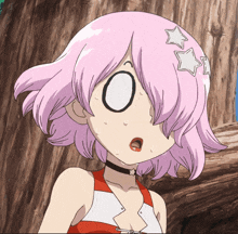a girl with pink hair and white stars on her head is making a funny face