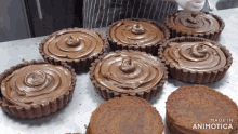 a bunch of chocolate tarts are sitting on a table with the words made in animotica below them