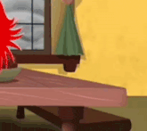 a cartoon of a woman standing next to a table with a bowl of food on it .