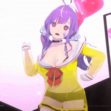 a girl with purple hair and red eyes is wearing a yellow outfit