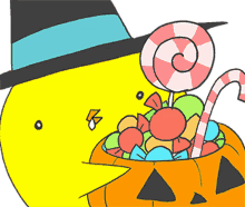 a cartoon chick wearing a witch hat is holding a pumpkin full of candy
