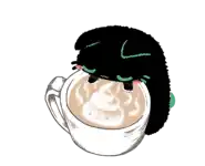 a black cat is sleeping in a cup of cappuccino .