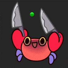 a cartoon of a crab holding two knives with a green ball in the middle