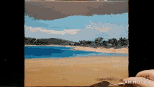 a painting of a beach with the words made in animatica at the bottom