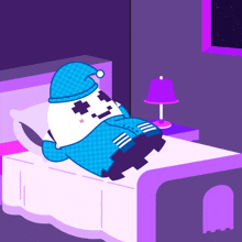 a cartoon character laying on a bed with a knife