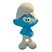 a blue smurf with a white hat on stands on a white background
