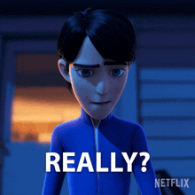 a cartoon character says really in front of a blue background