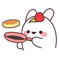 a cartoon bunny with a strawberry on its head is holding a frying pan