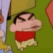 a close up of a cartoon character making a funny face on a green background .
