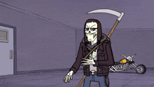 a cartoon drawing of a man with a skull on his belt
