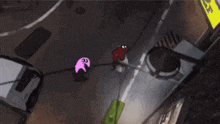 a cartoon character is walking down a street in front of a sign that says ' a ' on it