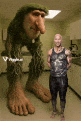 a man standing next to a statue of a troll with a viggle.ai logo on the bottom right