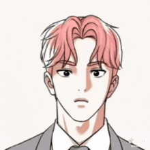 a man with pink hair is wearing a suit and tie and making a funny face .