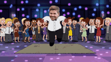 a cartoon of a man jumping in the air in front of a group of people