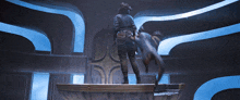 a man and a dog are standing on a fountain in a futuristic room