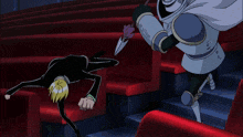 a cartoon of a man being punched by a knight with a spear