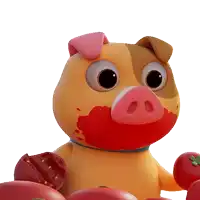 a yellow pig with a pink nose is holding a slice of meat