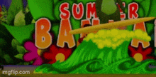 a sign that says summer beach with a surfboard on top of a wave
