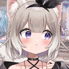 a girl with white hair and purple eyes is wearing a black choker