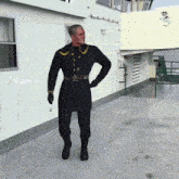a man in a military uniform is walking in front of a building with the letters viggle.ai on the bottom