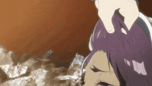 a woman with purple hair is standing in front of rocks