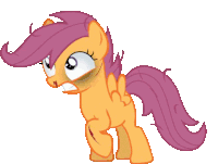 a cartoon pony with a purple mane and tail is standing on a white background