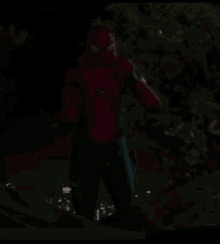 a man in a red spiderman suit says woah in a dark room