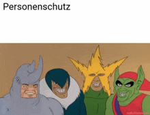 a group of cartoon characters are posing for a picture and the caption says " personenschutz "