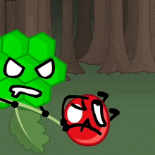 a cartoon of a red ball and a green hexagon with angry faces in a forest