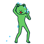 a green frog is standing on its hind legs with its eyes closed .