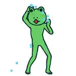 a green frog is standing on its hind legs with its eyes closed .