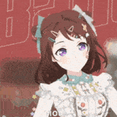 a girl with purple eyes is wearing a white dress and the word viole is on the bottom right