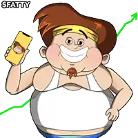 a cartoon of a fat man holding a cell phone with the word fatty written above him