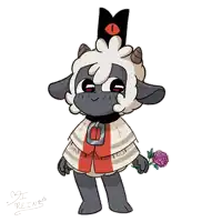 a cartoon drawing of a sheep holding a rose with reinz written on the bottom