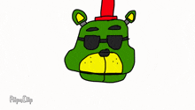 a drawing of a green teddy bear with a red top hat and sunglasses