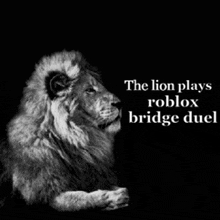 a black and white photo of a lion with the caption the lion plays roblox bridge duel .