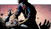 a man in a blue and yellow superhero costume is standing over a dead man