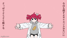 a drawing of a girl in a lab coat with a bread patch on her sweatshirt