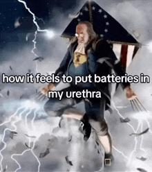 a cartoon of a man with an american flag on his head and the words how it feels to put batteries in my urethra below him