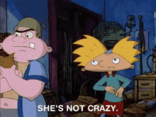 a cartoon character says she 's not crazy while holding a piece of food