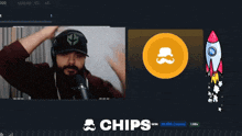 a man with a mustache and a rocket on a screen that says chips on the bottom