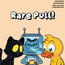 a black cat a robot and a duck are on the cover of a book titled rare pull