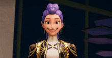 a cartoon character with purple hair and gold earrings makes a funny face