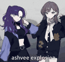 two anime girls are standing next to each other with the words ashvee explosion written on the bottom