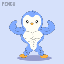 a cartoon of a penguin flexing his muscles with the word pengu behind him