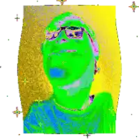 a pixelated image of a man with green eyes